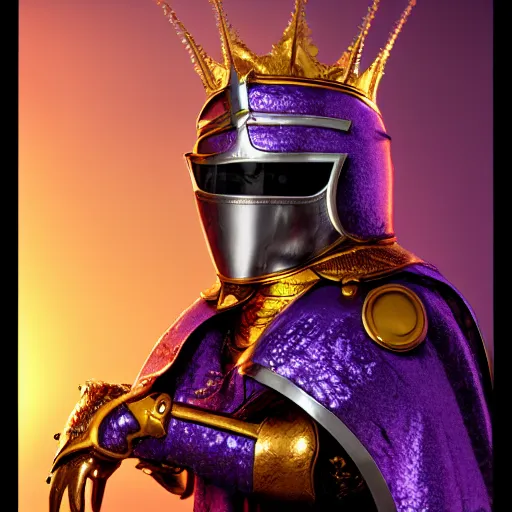 Image similar to a highly detailed knight with glowing purple eyes in a T golden helmet and a golden crown with a blue diamond in the center, golden armor, leather clothes under the armor, leather gloves, holds a black sword, artstation, DeviantArt, professional, octane render, sunset lighting