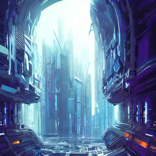 Image similar to derelict portal in a middle of a futuristic cityscape, world seen only through a portal, daylight, cinematic perspective, cinematic lighting, blue sky, syd mead, john harris