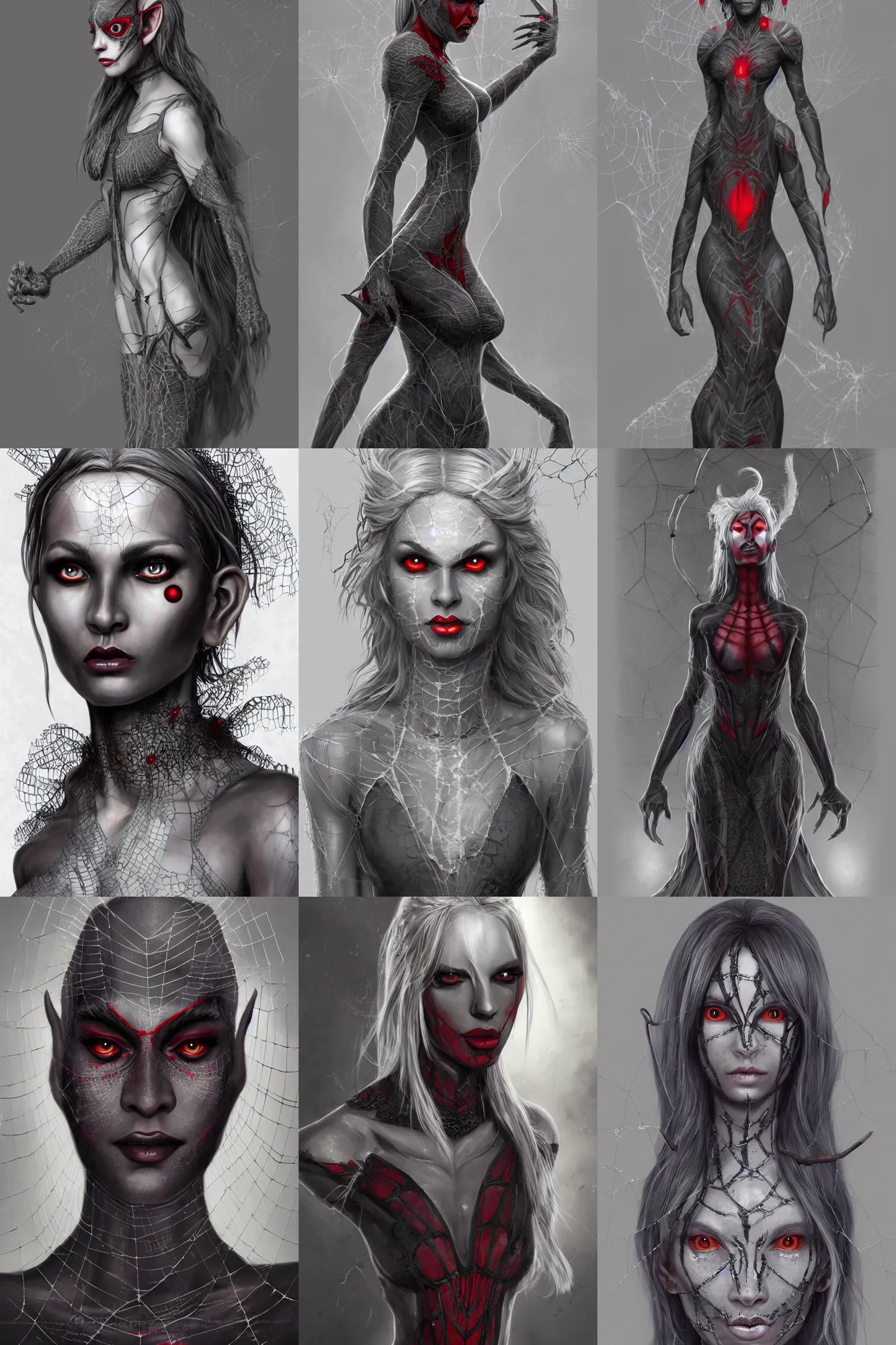 Prompt: alluring full-body photorealistic portrait illustration of beautiful female dark grey elf (beautiful, dark grey skin, red eyes, white hair, symmetrical face, Lloth) wearing a low-cut chesty dress made of spider webs, D&D, digital art, by Keith Parkinson, trending on ArtStation