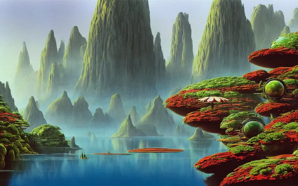 Prompt: a beautiful highly detailed matte painting of an alien planet with giant lotus with a lake surrounded by a canyon and rocks. by roger dean concept art
