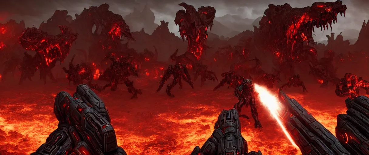 Image similar to doom slayer defeating hordes of demons and creatures on Urdak, wide shot, high detail, photorealistic, “doom eternal”, unreal engine