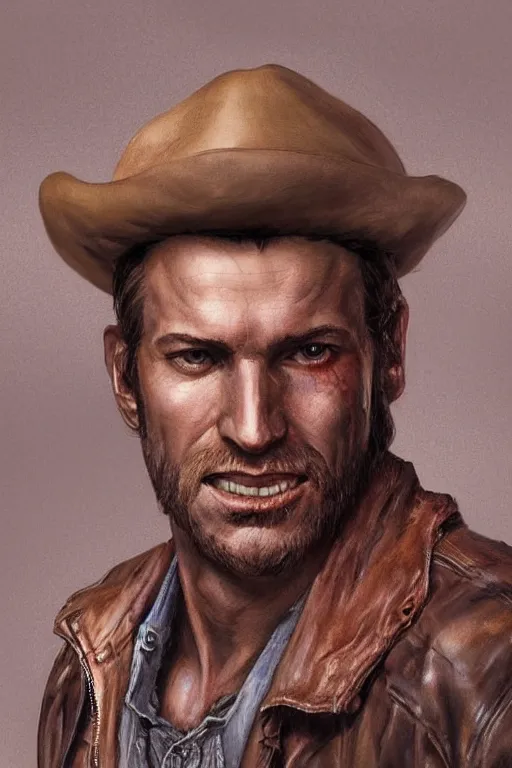 Prompt: headshot portrait of a gaunt 40's adventurer, unshaven, optimistic, stained dirty clothing, straw hat, riding boots, red t-shirt, dusty rown bomber leather jacket, concept art, photorealistic, hyperdetailed, 3d rendering! , art by Leyendecker and frazetta!,