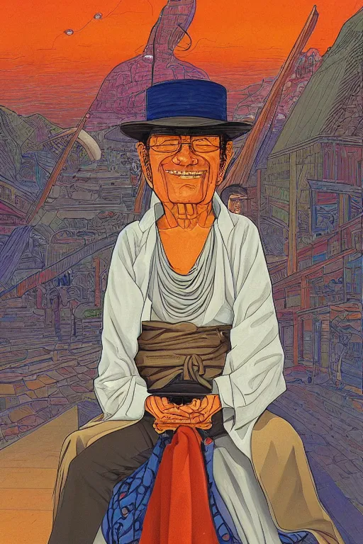 Image similar to an original jean giraud digital art painting of a portrait of a zen - buddhist capitalist in a bankers suit