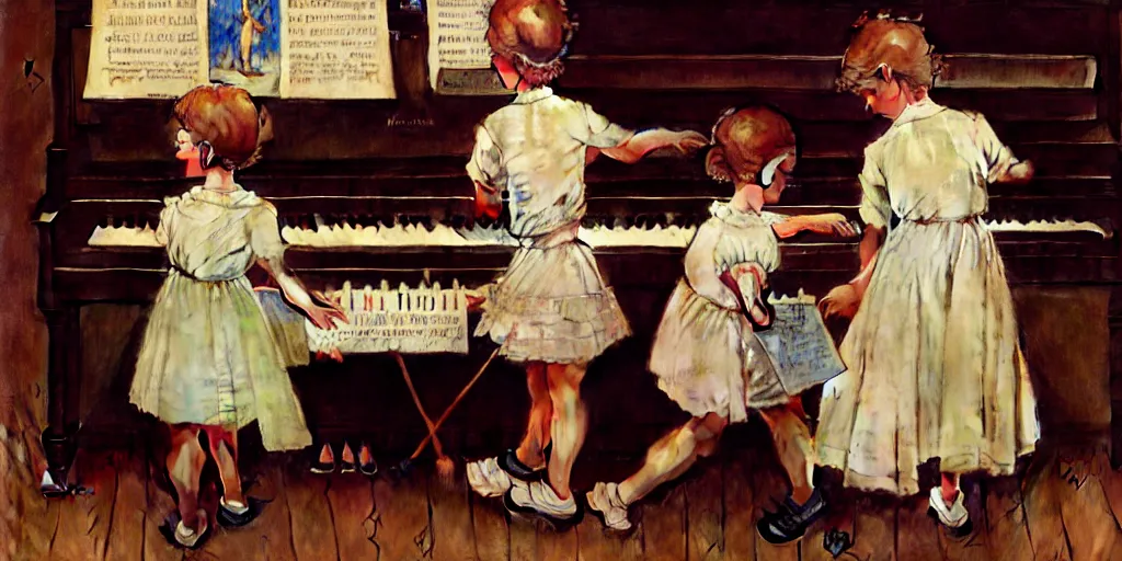 Prompt: Three children walk inside a piano by Norman Rockwell, hyper detailled, trending on artstation