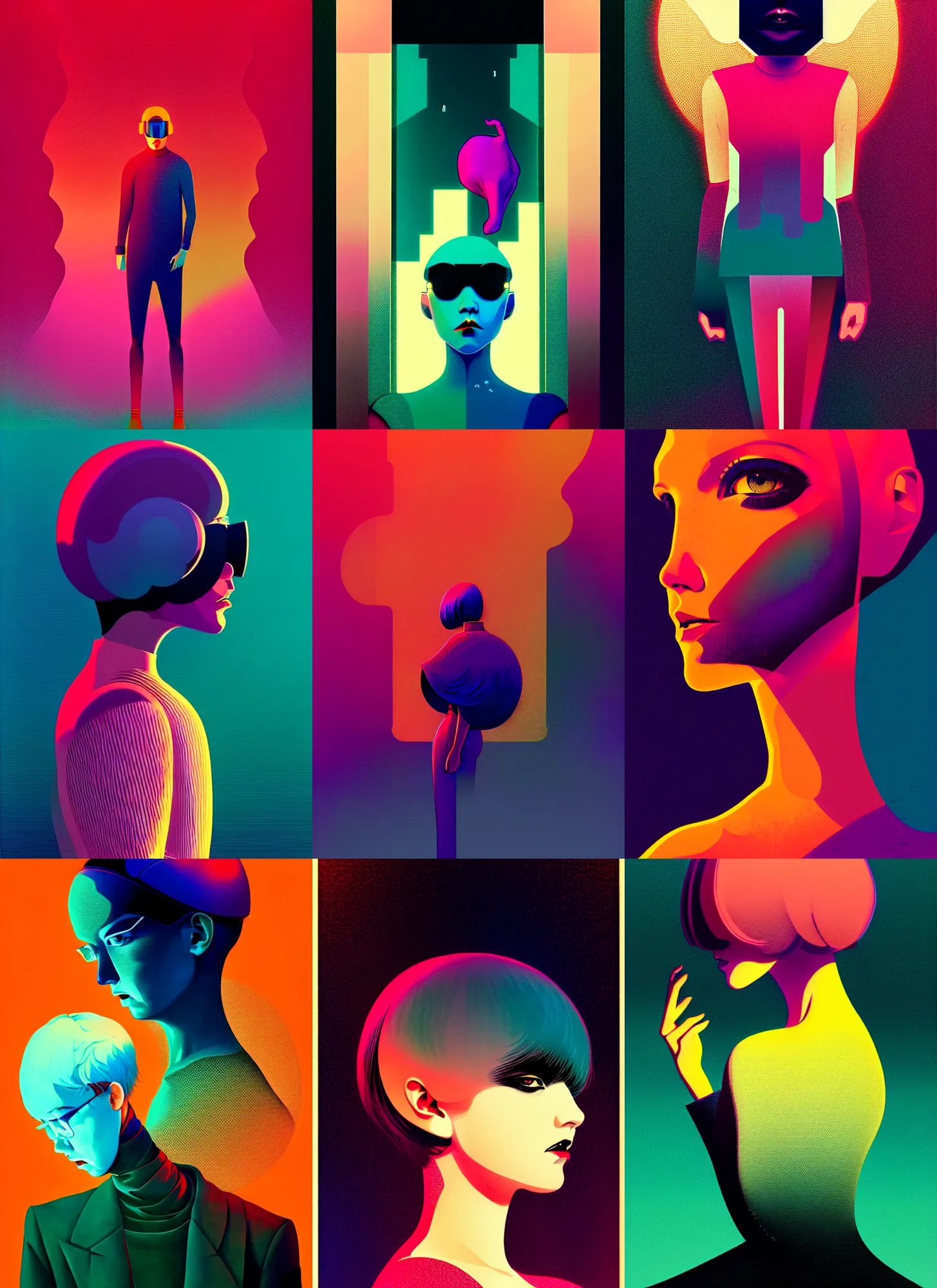 Prompt: ( ( dither ) ), editorial illustration portrait of reol, dynamic pose, modern art deco, colorful, ( ( mads berg ) ), christopher balaskas, victo ngai, rich grainy texture, detailed, dynamic composition, wide angle, moebius, matte print, glitch art, ( ( dieter rams ) )