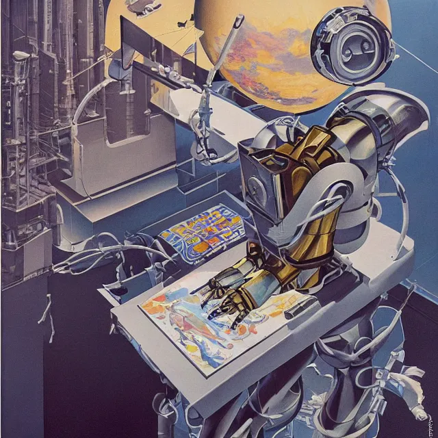 Prompt: robot artist painting a self - portrait on a canvas. intricate, highly detailed, digital matte painting in the style of alberto vargas and in the style of chris foss. irony, recursion, inspiration.