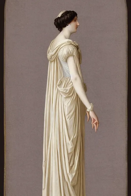 Image similar to regency gown empire silhouette by vittorio reggianini, dark lighting, perfectly detailed eyes, beautiful hands, pale skin, clear face