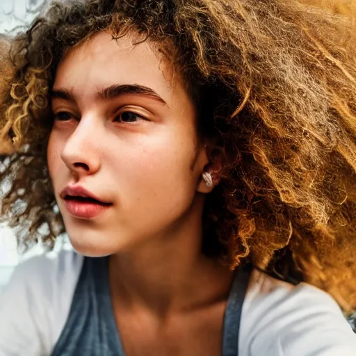 Image similar to white teenager with curly blonde hair red t shirt airpods attractive, high - quality photo realistic highly detailed high - quality 8 k