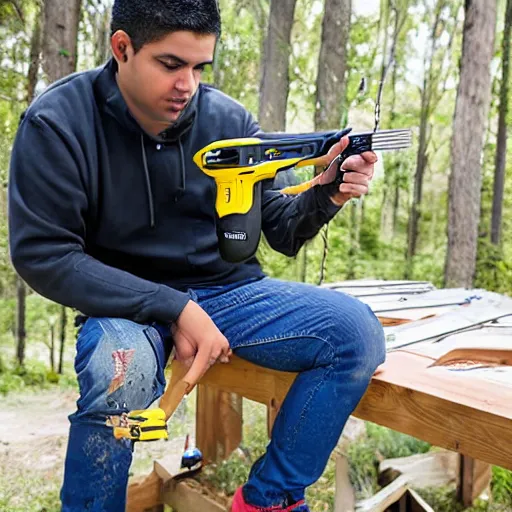 Image similar to young latino man using cordless power tool crossbow made by dewalt