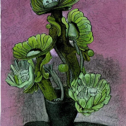 Prompt: earthy by maurice sendak, by dorothea tanning pitch black. a sculpture of a group of anemones in a vase