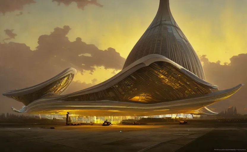 Image similar to exterior shot of utopian architecture airport with cinematic lighting by zaha hadid and renzo piano, darek zabrocki and greg ruthkowski, alphonse mucha, simon stalenhag, cinematic, holy place, paradise, scifi, futurism, atmospheric, sunset, concept art, artstation, trending on artstation