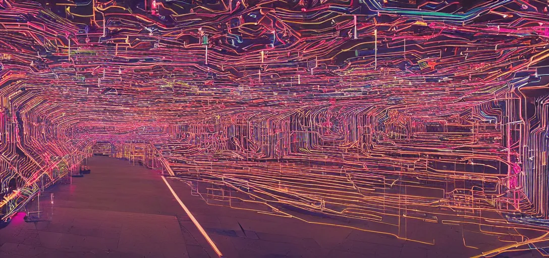 Prompt: a glowing road of circuitry winding throw a city of towering synthesizers, 80s airbrush