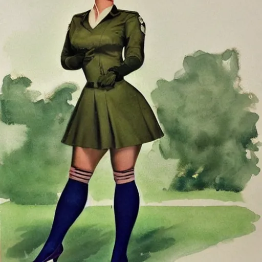 Prompt: full body pin up post war dressing a military unioform,with a park in the back ground, water color, Gil Elvgren style