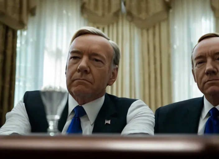 Prompt: cinematic still of Trump breaking looking at the camera in House of Cards