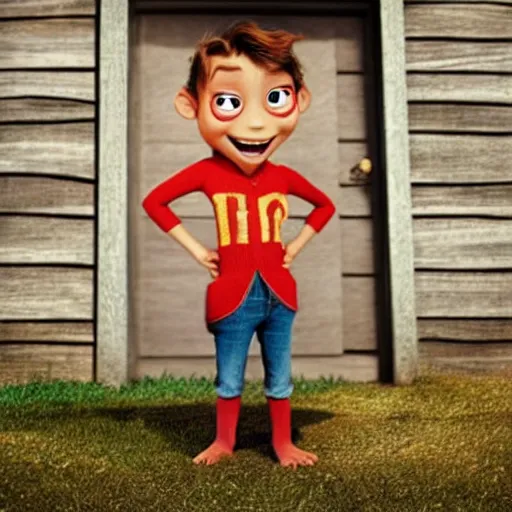 Image similar to a hero shot for a movie poster of an anthropomorphic main character of a kids movie by pixar, proudly smiling and standing in front of a small and compact wooden house