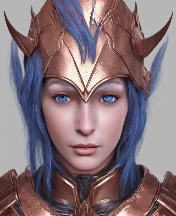 Prompt: a beautiful and highly detailed digital portrait of a dignified female elven paladin with blue hair in rose gold armor by clint cearley, centered, artsation contest winner, artstation hd, cgsociety, fantasy art, cryengine, concept art, photorealism, daz 3 d, sketchfab, zbrush, vray