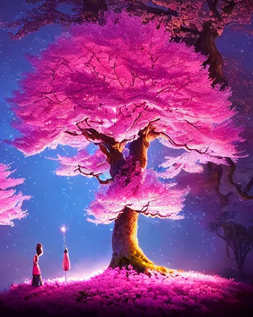 Image similar to highly detailed, stunning image of a heavenly miniuature diorama pink giants cherry blossom trees, stunning tree, ethereal, fairy lights, fireflies lightning glowing everywhere, divine bonsai, matte painting by Jordan Grimmer and Bosch