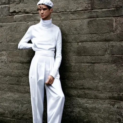 Image similar to kitsch fashion, androgynous people in white clothes, new age, vogue