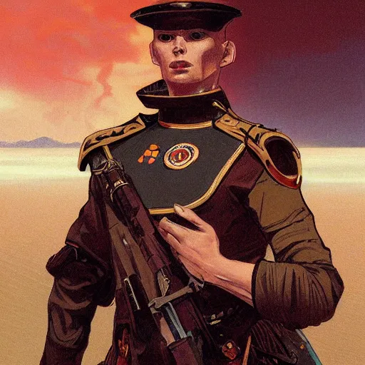 Prompt: portrait of rubbery, gaunt albino mutant with moist skin, sharp features, large lips, huge black eyes and determined expression, wearing fascist Byzantine police uniform and standing on Dune docks, science fiction concept art by Anato Finnstark, Alphonse Mucha, and Greg Rutkowski