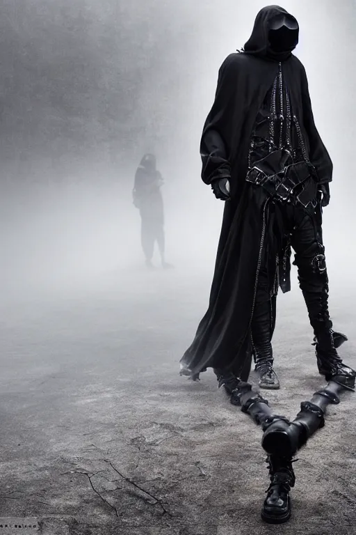 Image similar to avant garde techwear look and clothes, we can see them from feet to head, highly detailed and intricate, hypermaximalist, dystopian castle background, eerie fog, luxury, Rick Owens, Errolson Hugh, Yohji Yamamoto, Chrome Hearts, cinematic outfit photo