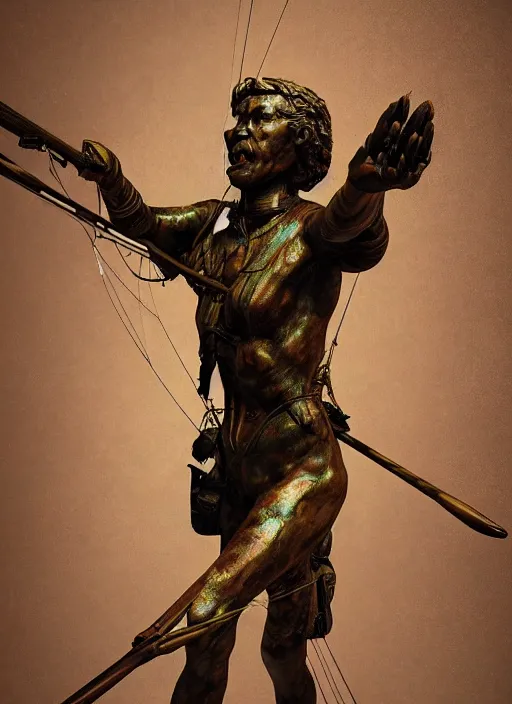 Prompt: An epic fantastic realism comic book style painting of a distressed bronze archery sculpture from the future by Stanislaw Szukalski, gilded colorful marbled paper background, winged archer, fisheye lens, unreal 5, DAZ, hyperrealistic, octane render, dynamic lighting