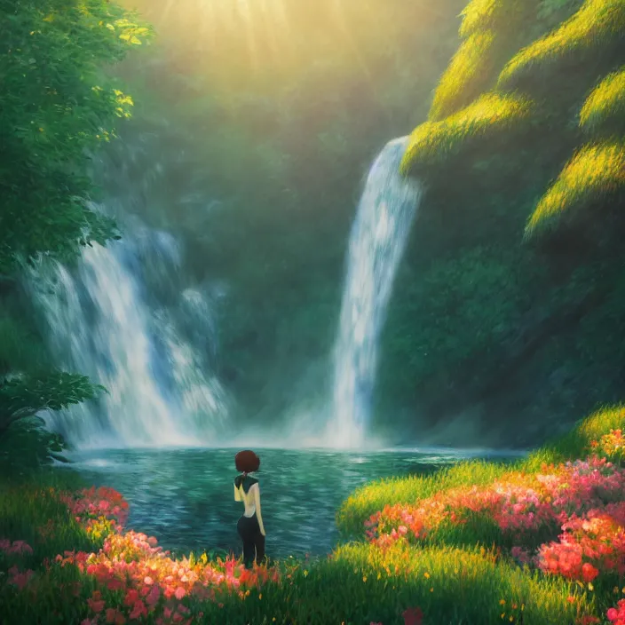 Prompt: an epic makoto shinkai and renoir landscape of a v - shaped triangular waterfall, 🌺, golden hour, ultra smooth, lois van baarle, ilya kuvshinov, unreal engine, blender, trending on artstation, suntur, caleb worcester, highly detailed, photorealism, bloom effect 8 k