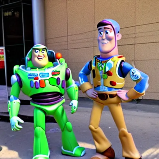 Prompt: woody and buzz lightyear get stuck at starbucks