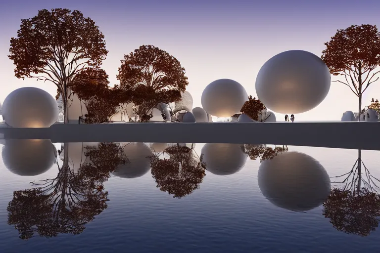 Image similar to a building formed by the intersection and fusion of many multi - white spherical and egg - shaped spaces. on the calm lake, people's perspective award winning, highly detailed 4 k art, dusk, unreal engine highly rendered, global illumination, radial light, internal environment by kazuyo sejima