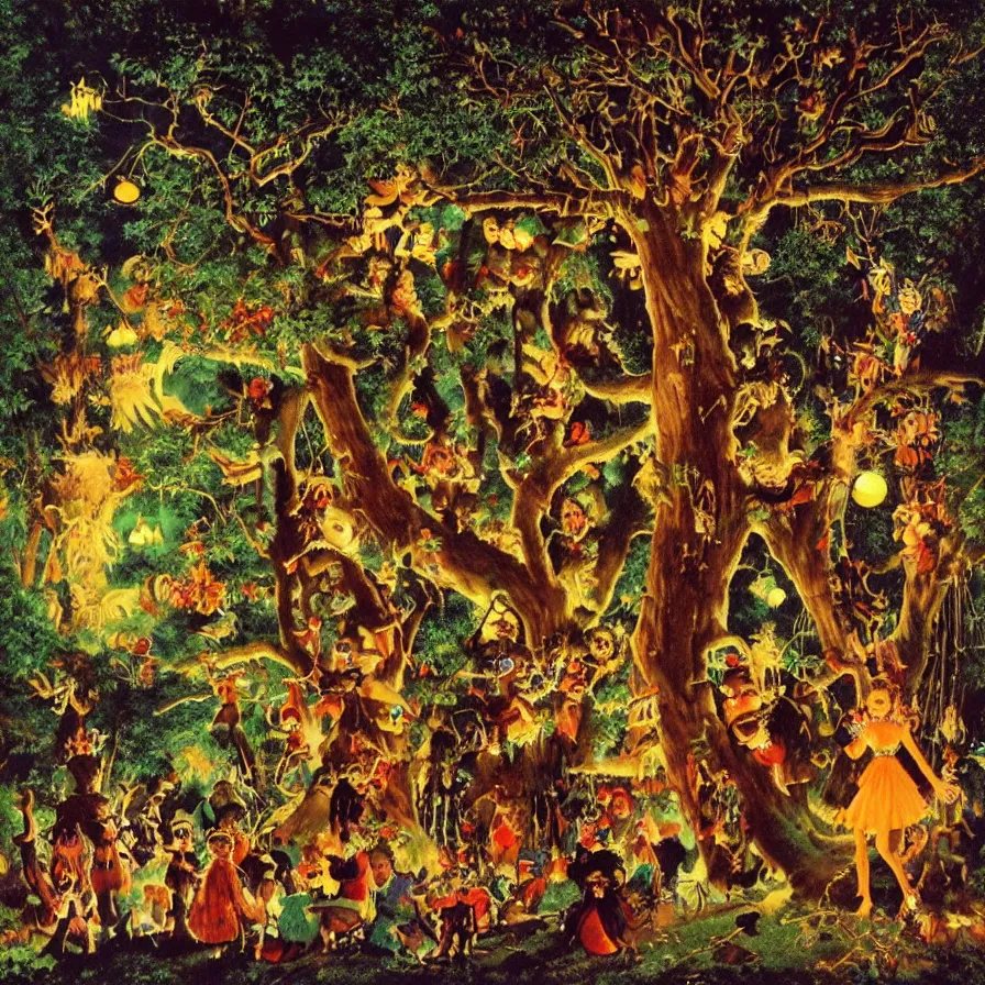 Image similar to a night carnival around a magical tree cavity, with a surreal orange moonlight and fireworks in the background, next to a lake with iridiscent water, christmas lights, folklore animals and people disguised as fantastic creatures in a magical forest by summer night, masterpiece painted by norman rockwell, frank frazetta, and syd mead, dark night environment