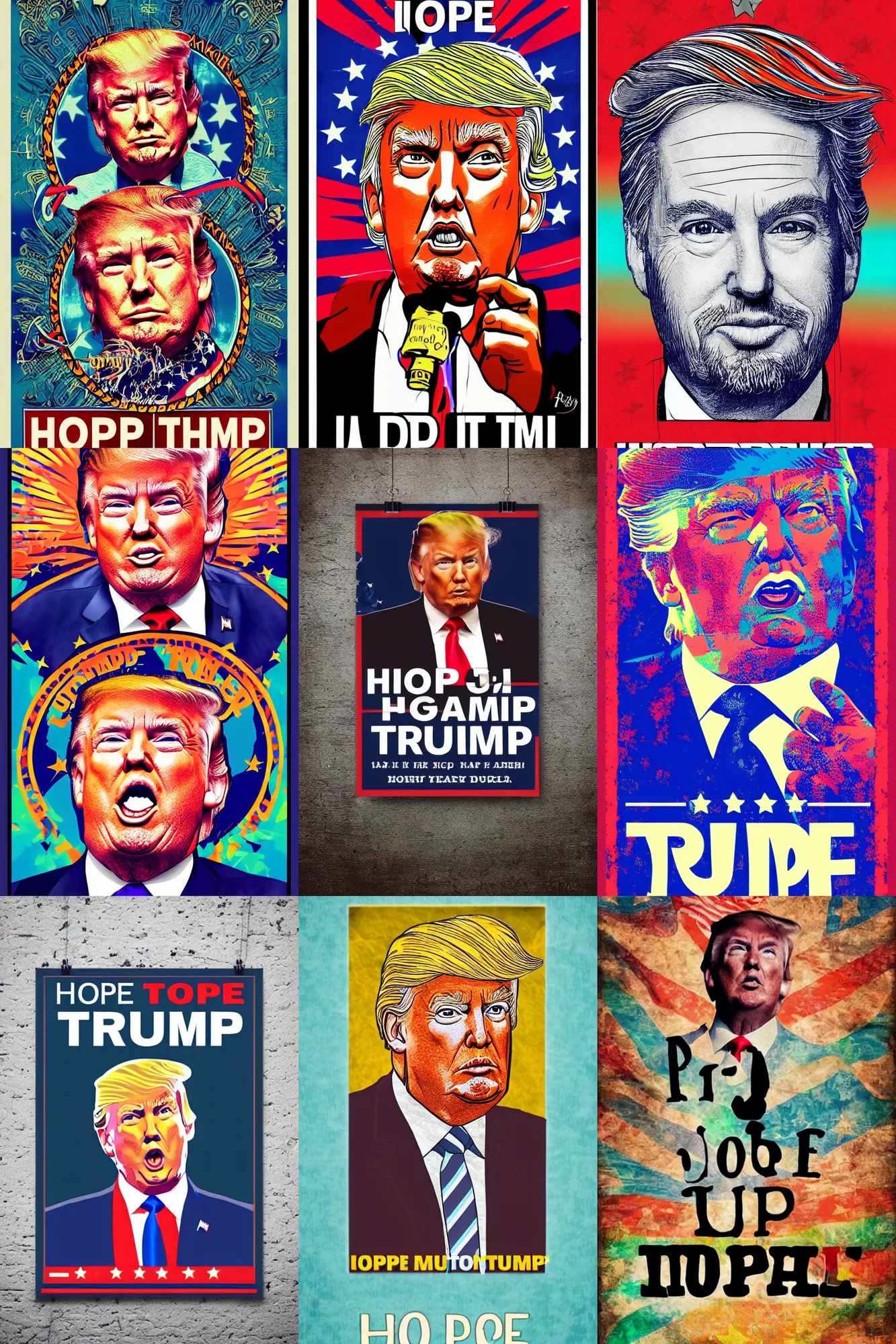 Prompt: inspirational style hope poster of donald trump with beard, pleading the fifth amendment, psychedelic colors, highly detailed, realistic, loving