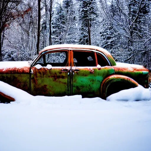 Image similar to rusty sedan in winter forest