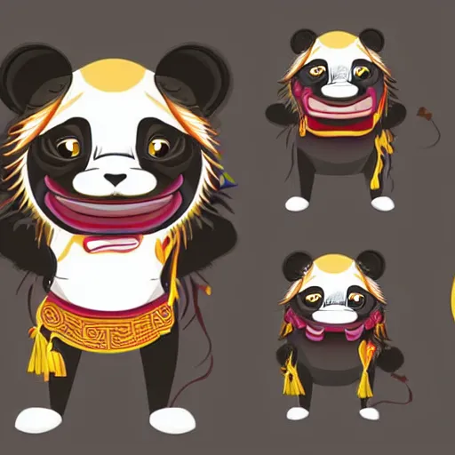 Image similar to a high detaild character design of a cute panda with a chinese lion dance head, chinese style, trend, illustration,