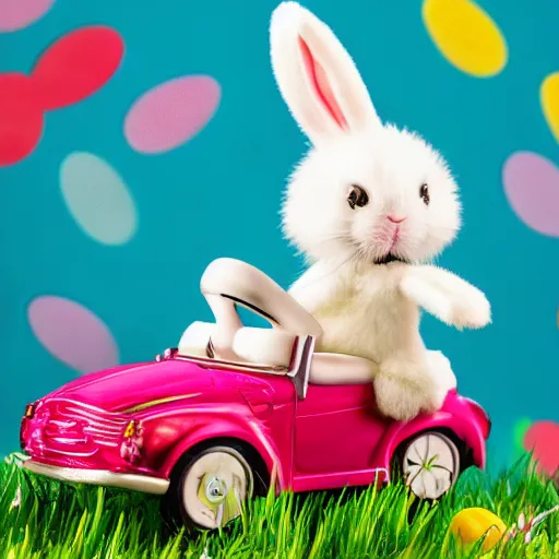 Image similar to easter bunny riding a convertible, studio photo, high quality