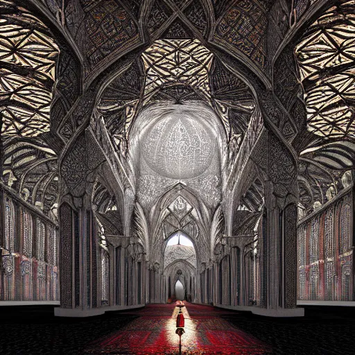 Prompt: Photorealistic demonic mosque in the style of architectural by Michael Whelan and Gustave Dore. Hyperdetailed photorealism, 108 megapixels, amazing depth, glowing rich colors, powerful imagery, psychedelic Overtones, 3D finalrender, 3d shading, cinematic lighting, artstation concept art