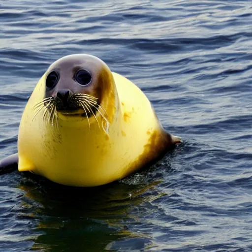 Prompt: a baby seal with a yellow tie eating watermelon in the harbor