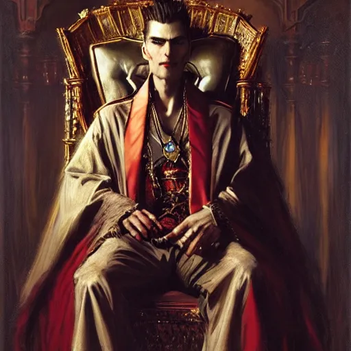 Image similar to perfectly centered portrait of attractive vampire king in a robe sitting on a throne of bones, highly detailed painting by gaston bussiere, craig mullins, j. c. leyendecker, 8 k