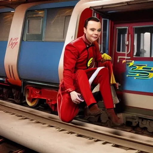 Image similar to Sheldon cooper as the flash train conductor