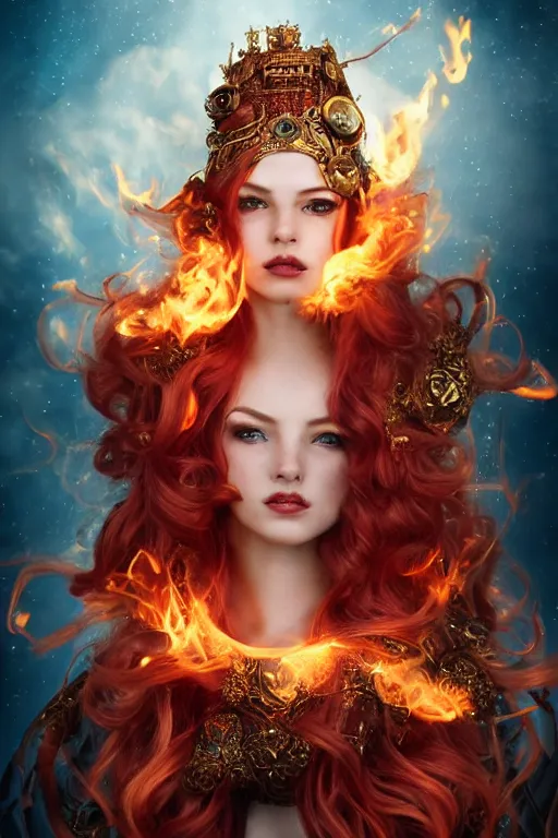 Image similar to a beautiful image of a young woman, steampunk Chandra queen of fire, big googles over her head, long flowing hair glowing with fire, steampunk costume mostly red and gold young female face, cinematic top lighting, insanely detailed and intricate, face by wlop, Charlie Bowater, golden ratio, symmetric, elegant, ornate, luxury, elite, matte painting, cinematic, trending on artstation, deviantart and cgsociety, 8k, high resolution