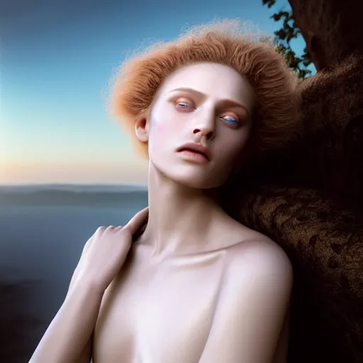 Prompt: photographic portrait of a stunningly beautiful renaissance female with pearlescent skin, white irises and dark eye makeup, in soft dreamy light at sunset, god rays, contemporary fashion shoot, by edward robert hughes, annie leibovitz and steve mccurry, david lazar, jimmy nelsson, extremely detailed, hyperrealistic, perfect face, octane render