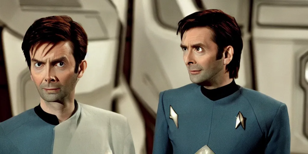 Image similar to David Tennant as Doctor Who, in Starfleet uniform, in the role of Captain Kirk in a scene from Star Trek the original series