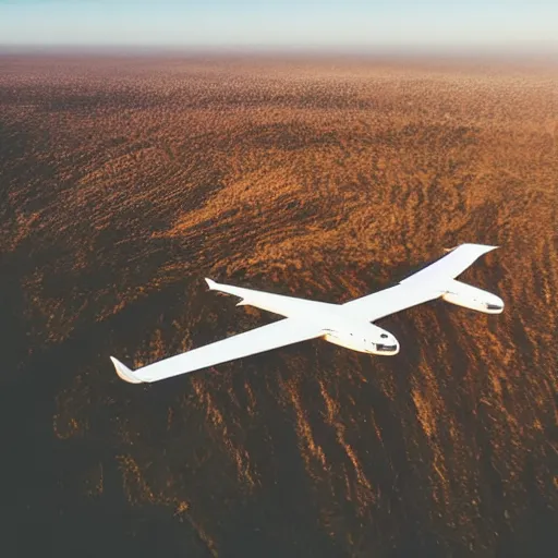 Prompt: Aerial photograph of an airplane soaring in an azure blue sky.