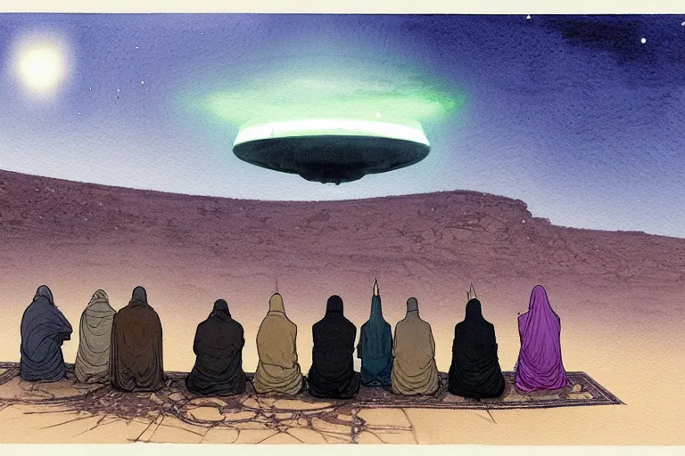 Prompt: a hyperrealist watercolour character concept art portrait of a group of middle eastern men kneeling down in prayer in front of a giant alien on a misty night in the desert. a ufo is in the background. by rebecca guay, michael kaluta, charles vess and jean moebius giraud