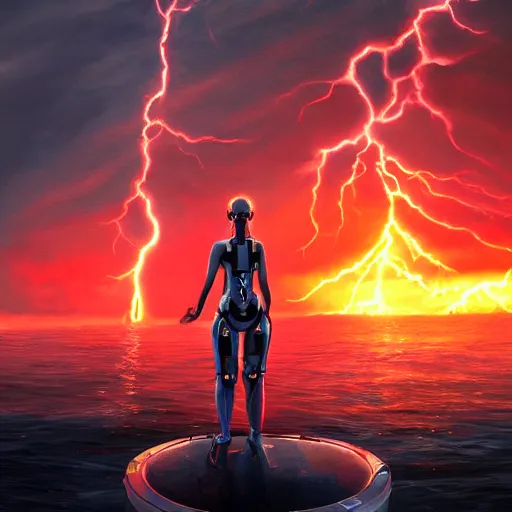 Prompt: aerial painting of a giant bionic female, standing in the middle of the ocean, the sky is on fire. neill blomkamp cinematography, atmospheric lightning, godray, concept art, trending artstation, 8 k high de