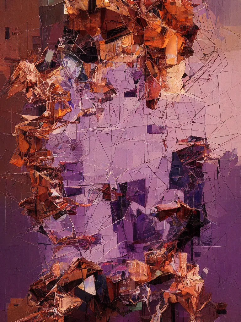 Prompt: a beautiful glitched geometric painting by robert proch and emilio pettoruti of an anatomy structure study of the human nervous system on top of rectangle shapes, color bleeding, pixel sorting, copper oxide and rust materials, brushstrokes by jeremy mann, dramatic lighting, pastel purple background