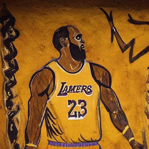 Prompt: a torch lit cave painting of lebron james set in prehistoric times