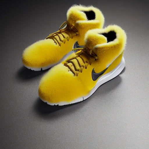 Prompt: poster nike shoe made of very fluffy yellow faux fur placed on reflective surface, professional advertising, overhead lighting, heavy detail, realistic by nate vanhook, mark miner