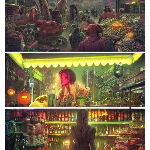 Prompt: cyberpunk goth farmers market by william barlowe and pascal blanche and tom bagshaw and elsa beskow and enki bilal and franklin booth, neon rainbow vivid colors smooth, liquid, curves, very fine high detail 3 5 mm lens photo 8 k resolution