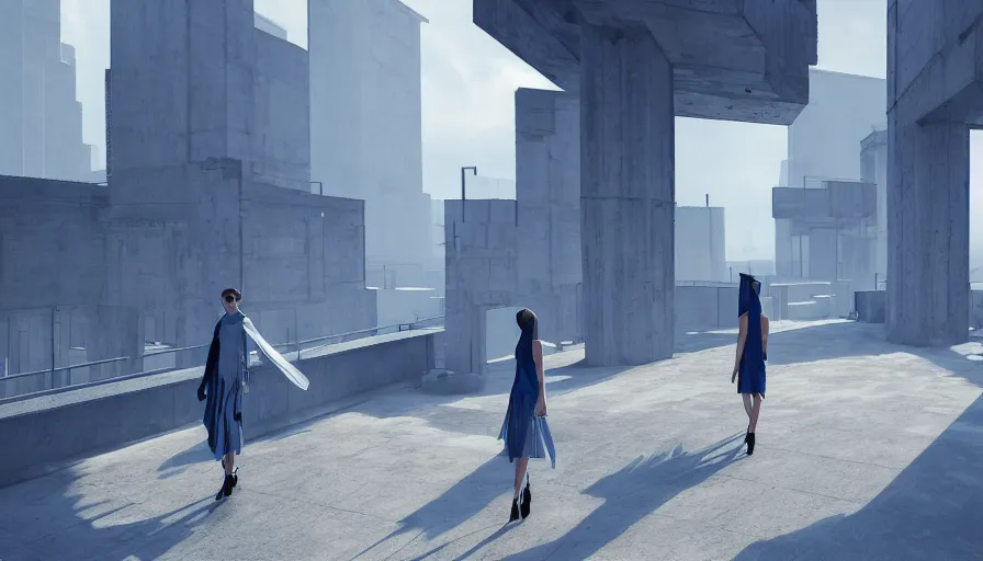 Prompt: Fashion Catwalk!! on a brutalist platform in an Angelic Floating City in the Clouds, Hyperrealistic, Intricate Details, Raytracing, Volumetric Lighting, Lightshafts, Blue and White Color Palette, Unreal Engine 5, Photorealism, Concept Art