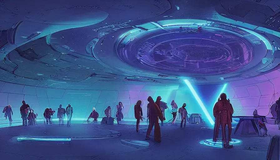 Prompt: a space ship circular room with bright holodesk in the center, a hologram of the solar system!!!, standing dark people discussing, contrasted light, clair obscur, star wars vibe, by sead mead, by feng zhu!!! by moebius, vivid colors, spectacular cinematic scene