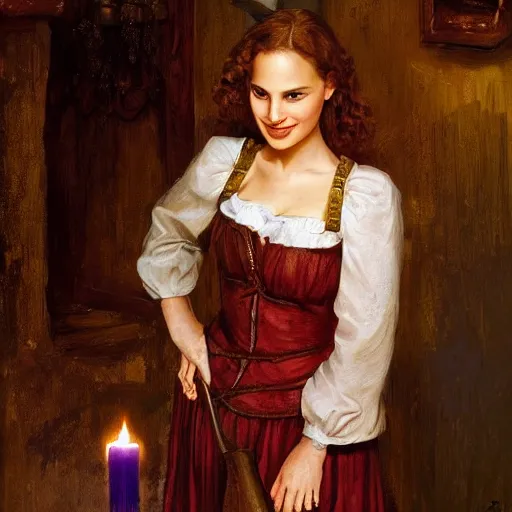 Prompt: young, curly haired, redhead Natalie Portman as a optimistic!, cheerful, giddy medieval innkeeper in a dark medieval inn. dark shadows, colorful, candle light, law contrasts, fantasy concept art by Jakub Rozalski, Jan Matejko, and J.Dickenson